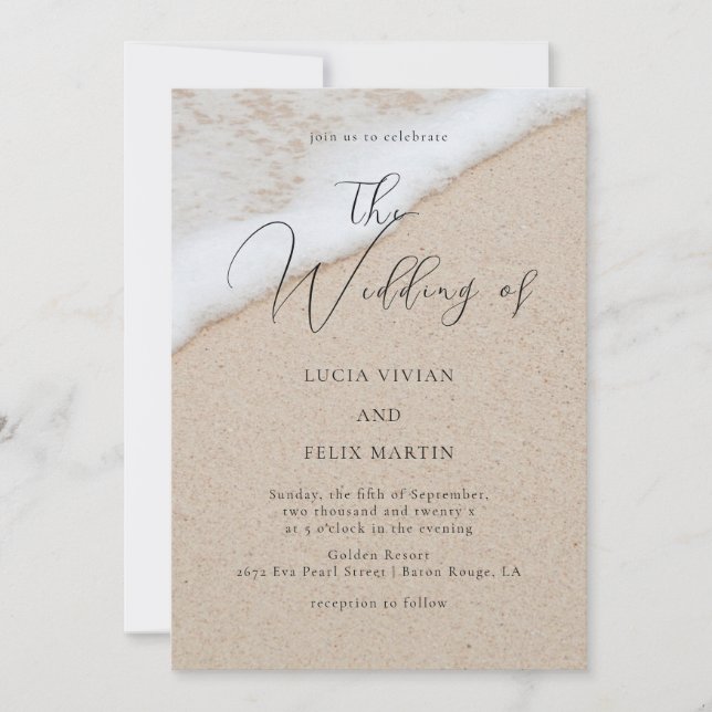 Sample Modern White Ocean Waves & Sand Wedding Invitation (Front)
