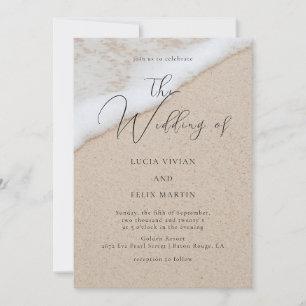 Sample Modern White Ocean Waves & Sand Wedding Invitation