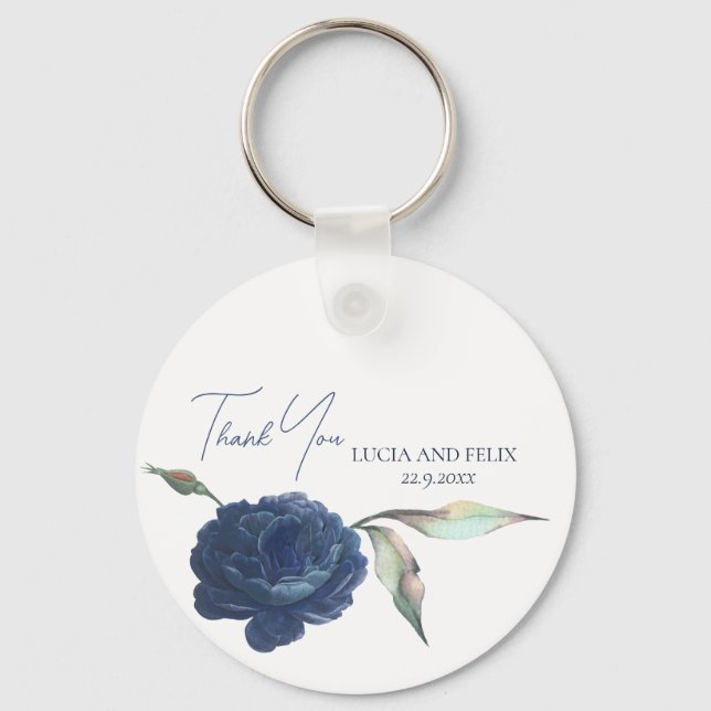 Sample Navy Blue Rose Wedding Thank You Key Ring (Front)