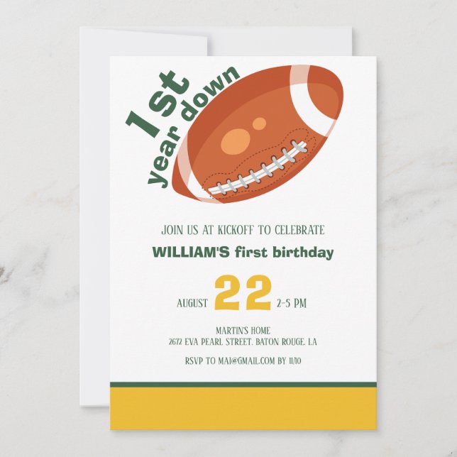 Sample Retro Football First Year Down 1st Birthday Invitation (Front)