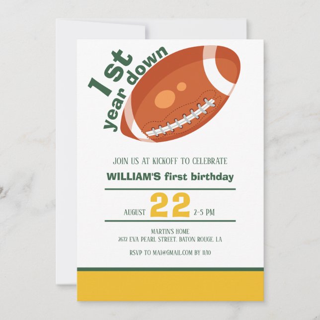 Sample Retro Football First Year Down 1st Birthday Invitation (Front)