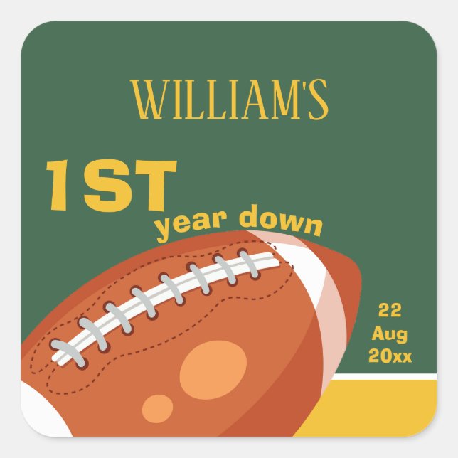 Sample Retro Football First Year Down 1st Birthday Square Sticker (Front)