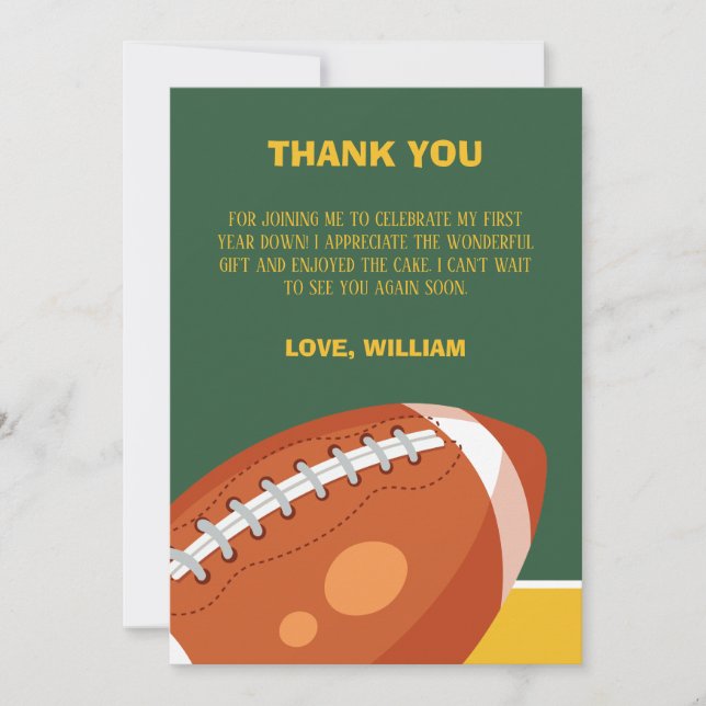 Sample Retro Football First Year Down 1st Birthday Thank You Card (Front)