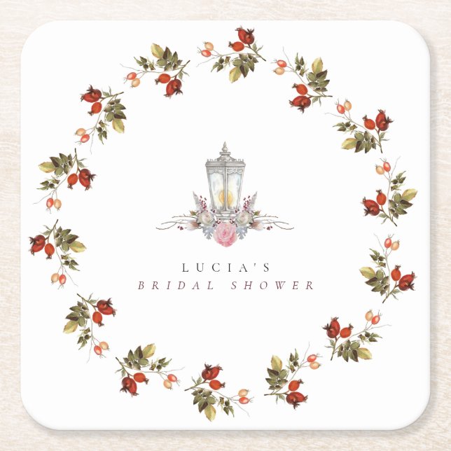 Sample Rustic Floral Roses & Lantern Bridal Shower Square Paper Coaster (Front)
