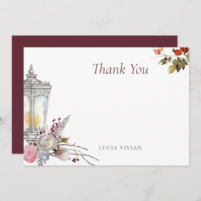 Sample Rustic Floral Roses & Lantern Bridal Shower Thank You Card (Front/Back)