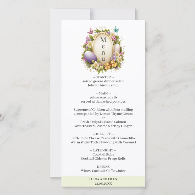 Sample White & Green Easter Forest Wedding Menu  (Front)
