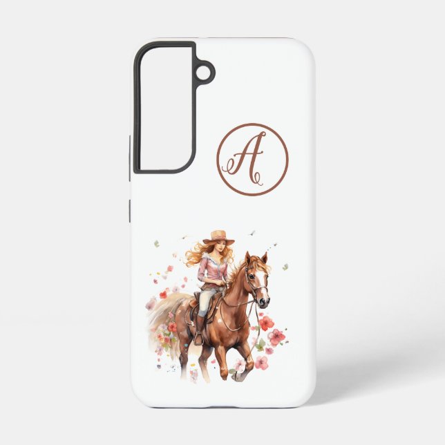 Samsung S22 Redhead Woman On Brown Horse Initials Samsung Galaxy S22 Case (Back)