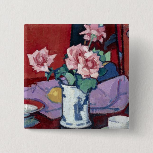 Samuel John Peploe Pink Roses, Chinese Vase 15 Cm Square Badge (Front)