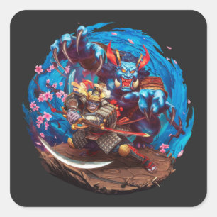Samurai and Demon Japanese Folklore Culture Oni Square Sticker