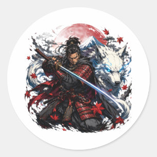 Samurai and White Wolf Mug Japanese Warrior Fant Classic Round Sticker