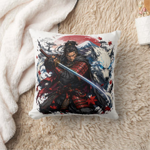 Samurai and White Wolf Mug Japanese Warrior Fant Cushion
