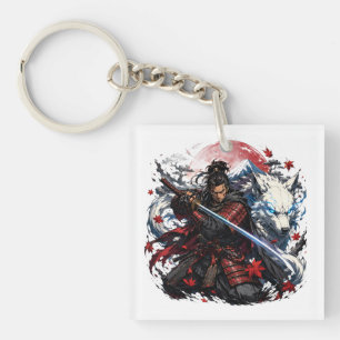Samurai and White Wolf Mug Japanese Warrior Fant Key Ring
