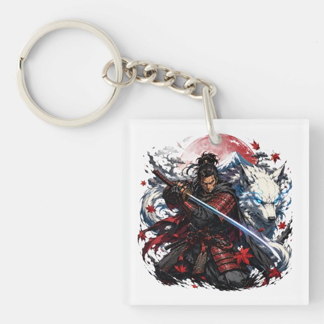 Samurai and White Wolf Mug | Japanese Warrior Fant Key Ring (Front)