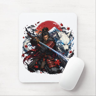 Samurai and White Wolf Mug Japanese Warrior Fant Mouse Mat