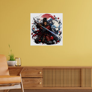 Samurai and White Wolf Mug   Japanese Warrior Fant Poster