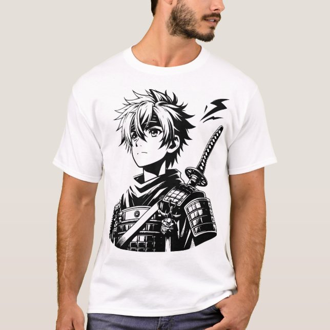 Samurai Anime Warrior - Bold Black and White Illus T-Shirt (Front)
