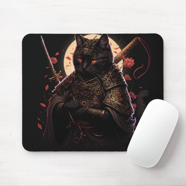 Samurai Black Cat Mouse Mat (With Mouse)