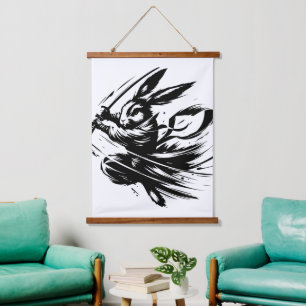Samurai Bunny Black Ink Warrior Rabbit Hanging Tapestry