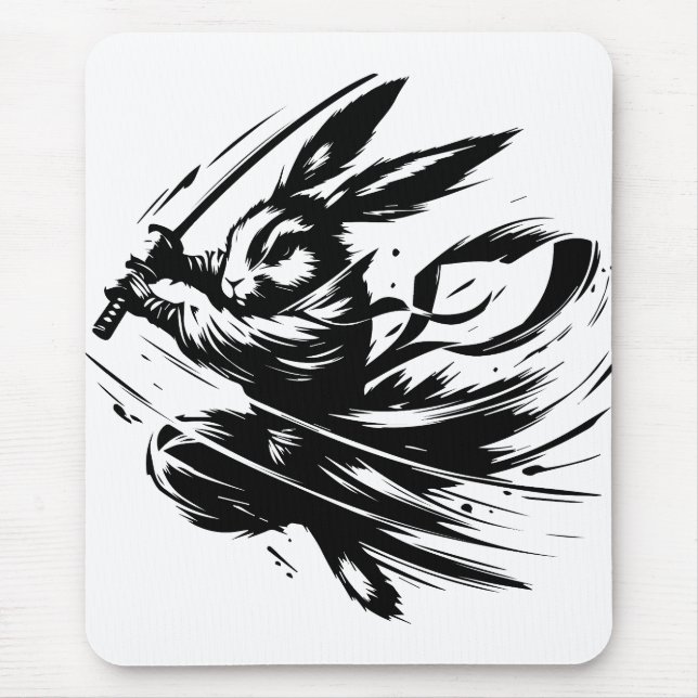 Samurai Bunny Black Ink Warrior Rabbit Mouse Mat (Front)