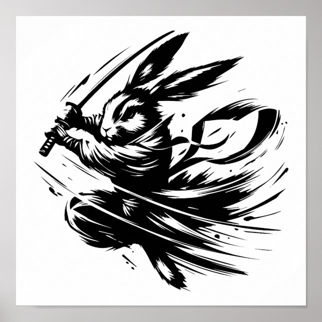 Samurai Bunny Black Ink Warrior Rabbit Poster (Front)