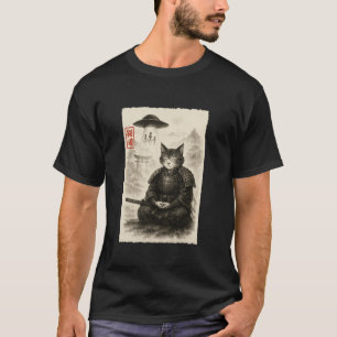 Samurai Cat Alien UFO Funny Invasion Meme Sumi e J T-Shirt