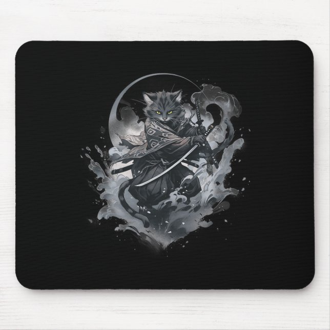 Samurai Cat Anime Japanese Ninja Warrior Aesthetic Mouse Mat (Front)