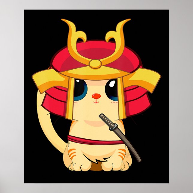 Samurai Cat Cute Japanese Anime Cosplay Halloween Poster (Front)