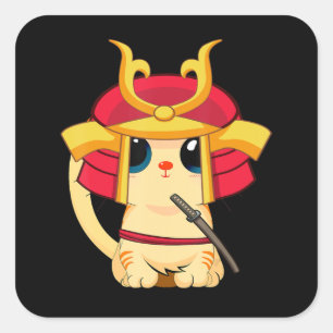 Samurai Cat Cute Japanese Anime Cosplay Halloween Square Sticker