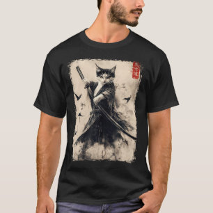 Samurai Cat Graphic Tee Warrior Vintage Japanese A