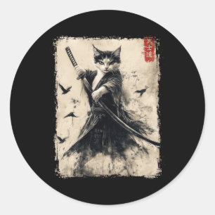 Samurai Cat Graphic Tee Warrior Vintage Japanese A Classic Round Sticker