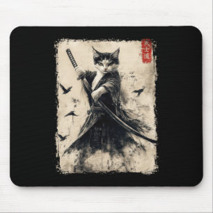 Samurai Cat Graphic Tee Warrior Vintage Japanese A Mouse Mat