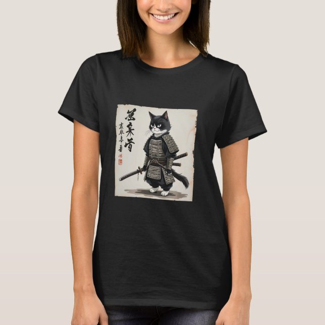 samurai cat graphic warrior art tee Japanese anime (Front)