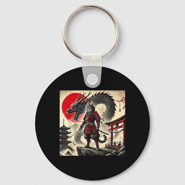 Samurai Cat Graphic Warrior Japanese Cat Ninja Men Key Ring (Front)