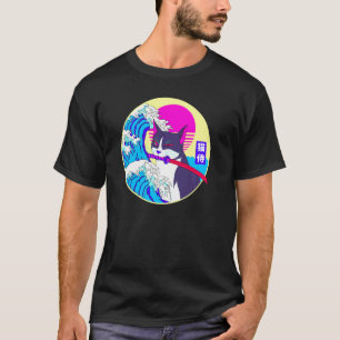Samurai Cat Great Wave Japanese Vaporwave Retro Ae T-Shirt