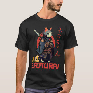 Samurai Cat in Ninja Outfit with Japanese Writing T-Shirt