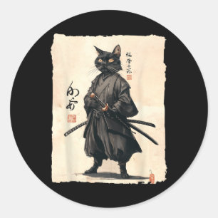 Samurai Cat Japanese Anime Cat Lover Funny For Men Classic Round Sticker