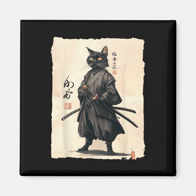 Samurai Cat Japanese Anime Cat Lover Funny For Men Magnet (Front)
