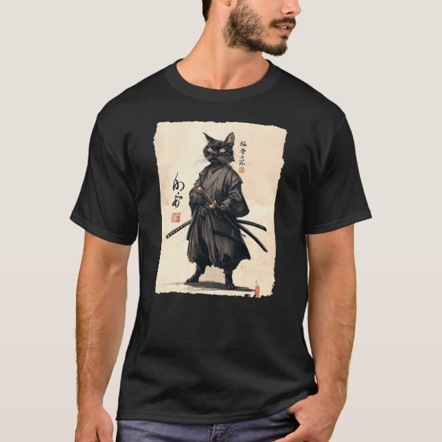 Samurai Cat Japanese Anime Cat Lover Funny For Men T-Shirt (Front)