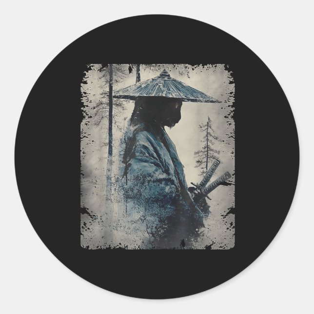 Samurai Cat Japanese Art Anime Men Women Kids Grap Classic Round Sticker (Front)