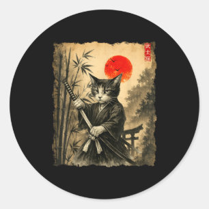 Samurai Cat Japanese Art Men Boys Funny Graphic Te Classic Round Sticker
