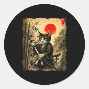 Samurai Cat Japanese Art Men Boys Funny Graphic Te Classic Round Sticker