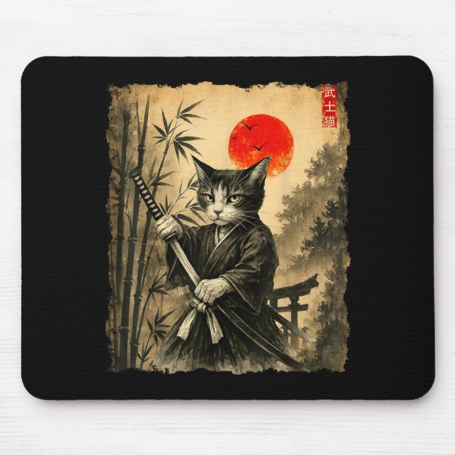 Samurai Cat Japanese Art Men Boys Funny Graphic Te Mouse Mat (Front)