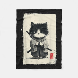 Samurai Cat Japanese Art Sumi-e Novelty Kawaii Fleece Blanket