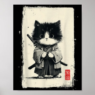 Samurai Cat Japanese Art Sumi-e Novelty Kawaii Poster