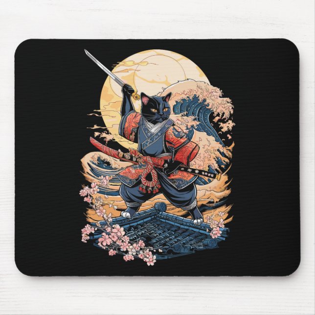 Samurai Cat Japanese Cat Anime Ninja  Mouse Mat (Front)