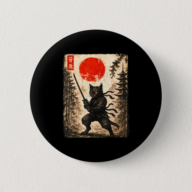 Samurai Cat Japanese Mens Boys Kids Graphic Anime  6 Cm Round Badge (Front)
