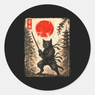Samurai Cat Japanese Mens Boys Kids Graphic Anime  Classic Round Sticker