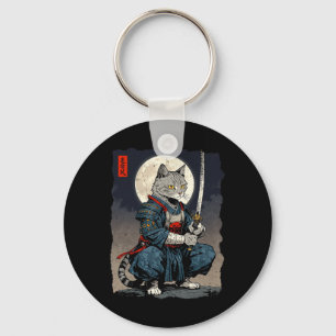 Samurai Cat Japanese Retro Fighter Cat Moon Ukiyo- Key Ring