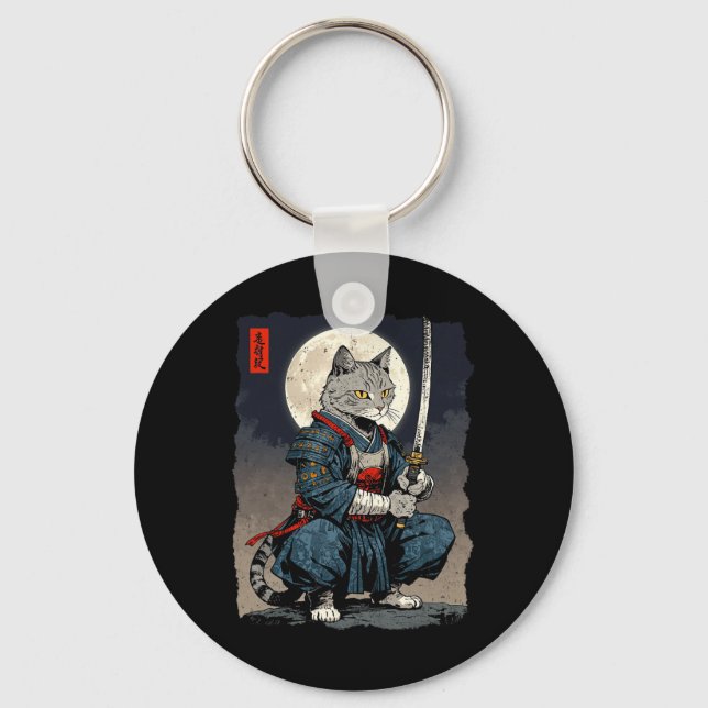 Samurai Cat Japanese Retro Fighter Cat Moon Ukiyo- Key Ring (Front)