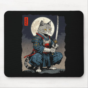 Samurai Cat Japanese Retro Fighter Cat Moon Ukiyo- Mouse Mat
